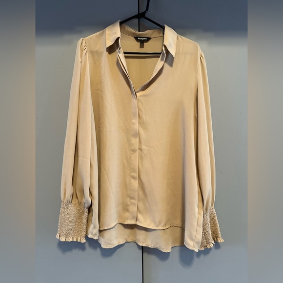 Express - Cream Notched Collar Blouse with Smocked Details (Size L) - Picture 1 of 9